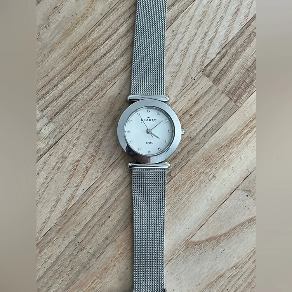 Skagen Steel Denmark Ladies Watch Stainless Steel Mesh Bracelet Crystal Markers